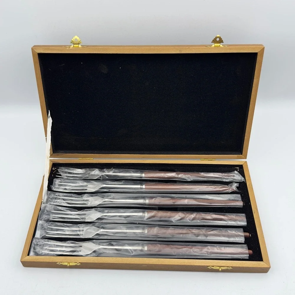 Vintage MCM Stainless Steel Wood Handle Dessert Fork Set of 6 Japan with Box‎